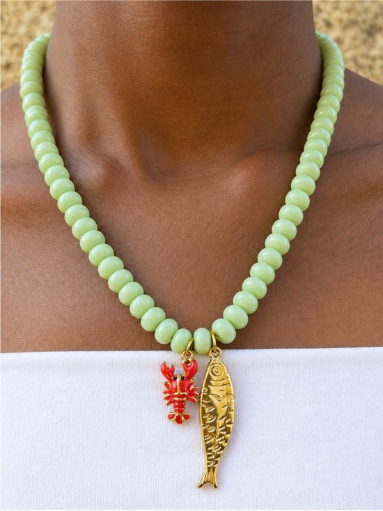 Anthropologie Jewelry - New! Coastal Green Beaded Gold Fish Lobster Charm Necklace (4015) NWOT